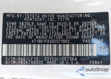 2016 Toyota Camry Xse V6 z USA, uszkodzony, nr VIN 4T1BK1FK0GU571892